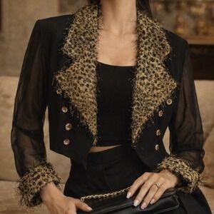 Vintage y2k Sheer Leopard Trim Cropped Bolero Jacket Open Front size 14